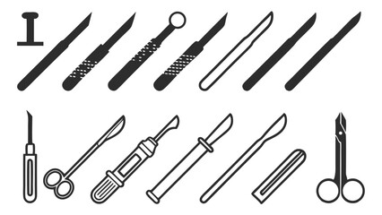 Naklejka premium Various silhouetted surgical instruments set isolated on white background for medical illustrations