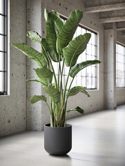 Green leafy indoor plant in a stylish vase decorating a bright home interior