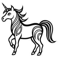 Elegant black and white unicorn line art illustration