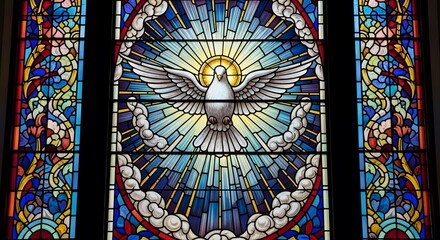 Stained glass holy spirit dove window church art religious symbol christianity spiritual artwork design sun rays