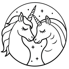 Two unicorns nuzzling in a moon circle