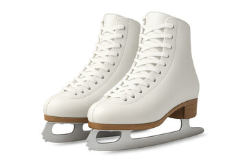 White ice skates with laced edges, positioned for skating performance, resting against transparent backdrop