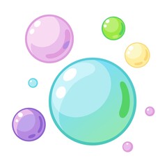 Colorful soap spheres floating cartoon illustration on white background