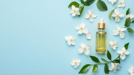 Bottle of essential oil, jasmine flowers and leaves on light blue background, flat lay. Space for text
