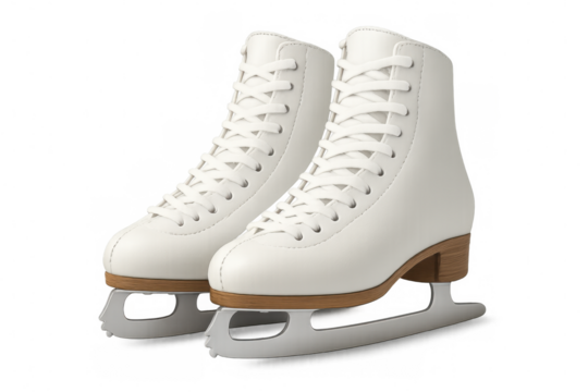 White ice skates with laced edges, positioned for skating performance, resting against transparent backdrop