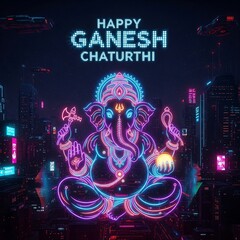 Neon ganesh chaturthi celebration in futuristic cityscape