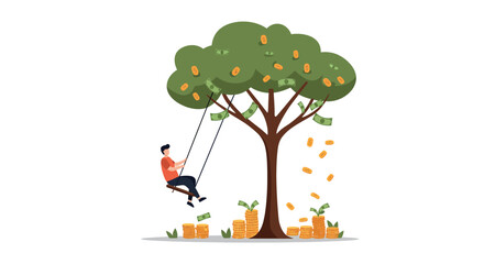 Financial growth concept with money tree and person on swing for investment planning vector illustration