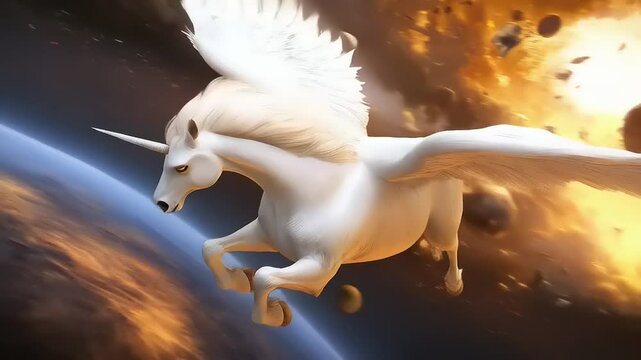Celestial Journey of the Winged Unicorn through Cosmic Skies and Distant Galaxies