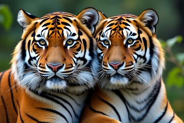 Two majestic tigers close up portrait wildlife nature