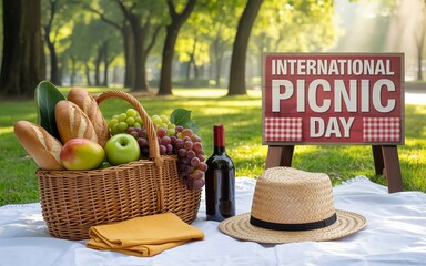 Wicker basket filled with fruits, bread, and wine bottle.