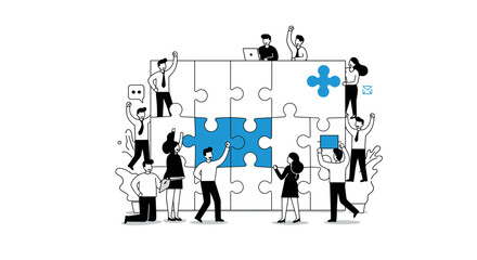 Fototapeta premium Collaborative team building concept with puzzle pieces for organizational success vector illustration