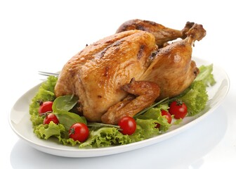 Roasted chicken on a white oval platter. The chicken has golden-brown skin and is garnished with fresh green lettuce leaves and bright red cherry tomatoes. The background is plain white.