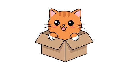 Cute cartoon cat popping out of a box with happy expression vector illustration