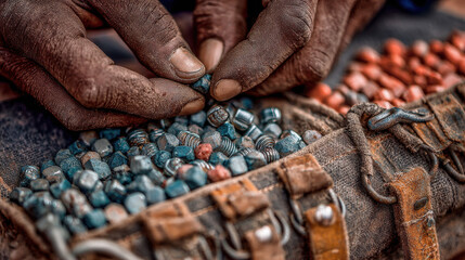 Close-up of Hand Sorting Seed Beads in Canvas Bag