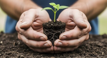 Hands holding seedling plant in soil, gardening and growth concept for sustainable future and environment
