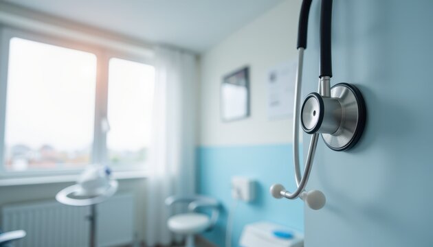 close up of stethoscope hanging on a wall mounted hook in a bright exam room.