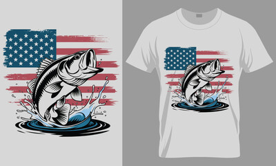 Vintage American Flag Bass Fishing T-Shirt Design | Patriotic Angler with Jumping Fish Vector Illustration