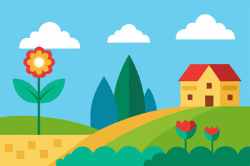 Naklejka premium Charming Countryside Scene House, Flower, and Rolling Hills Illustration