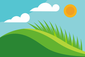 Fototapeta premium Sunny Day Landscape Rolling Green Hills, Blue Sky, and Fluffy Clouds