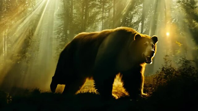 Furious brown bear charges aggressively through dense forest vegetation while roaring loudly displaying intense wild animal behavior with powerful movement and threatening demeanor in natural habitat