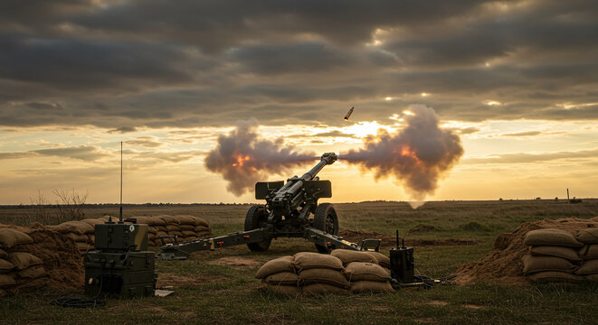 Artillery gun firing at sunset on the battlefield