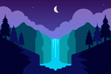 Naklejka premium Serene Night Waterfall A Minimalist Landscape Illustration