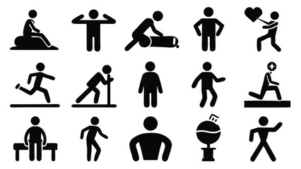 A collection of black silhouette stick figures representing diverse human activities and concepts