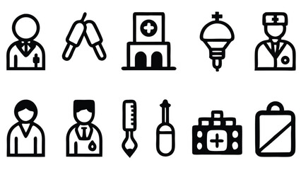 Black and white healthcare and medical icon set illustrating doctors, tools, and buildings