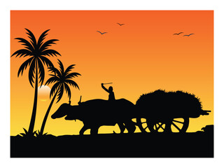 A scenario of a sunset evening with a cowboy and a bullock cart