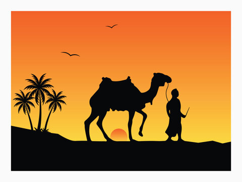 A sunset scenario of a desert with Camel