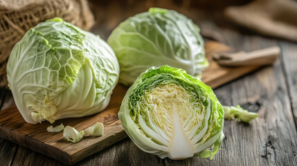 Fototapeta premium Whole and cut Chinese cabbages on wooden table