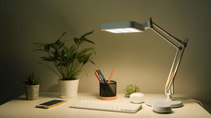 A rechargeable magnetic LED desk light with adjustable arms and touch-sensitive brightness control, modern workspace tool, isolated on white