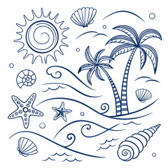 Obraz premium “Tropical Ocean Doodle Elements – Hand-drawn Summer Beach Icons in Blue Line Art”
