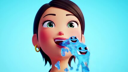 Funny cartoon woman with happy face vomiting water with smiling splash on blue background. Concept of humorous nausea, comic reaction, vomiting parody, cartoon expression, playful. Animation - Powered by Adobe