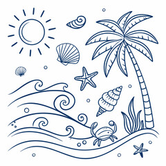 Obraz premium “Tropical Ocean Doodle Elements – Hand-drawn Summer Beach Icons in Blue Line Art”