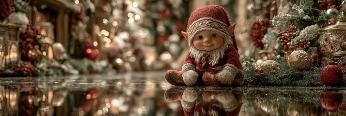 Smiling elf doll surrounded by festive decorations in a cozy holiday setting