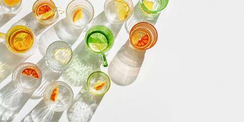 Summer banner  with colored glass cups of infused water with slices of fruit on white table....