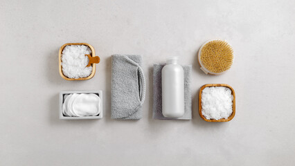 Spa or bath set of eco-friendly beauty products as minimal layout on light gray background. White...