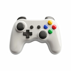 3D white game controller with colorful buttons, cute chubby style, isolated on transparent background.