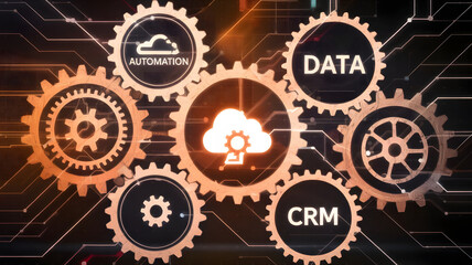 A digital transformation engine made of interlocking cloud platforms, gears marked with automation, AI, data, and CRM, powering a glowing company logo