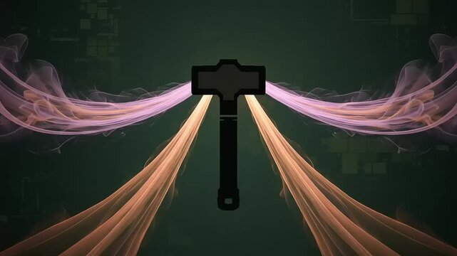 Abstract illustration of a hammer with colorful smoke trails on a dark background, symbolizing power