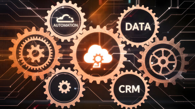 A digital transformation engine made of interlocking cloud platforms, gears marked with automation, AI, data, and CRM, powering a glowing company logo