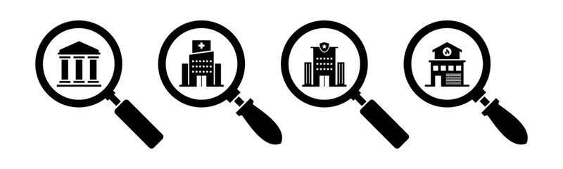 Public building and magnifying glass icon set illustration vector. Courthouse, Hospital, Police Station, Fire Station, with magnifying glass sign and symbol.