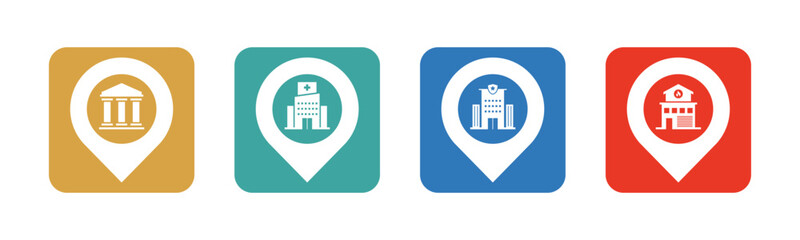 Public building and Pin icon set illustration vector. Courthouse, Hospital, Police Station, Fire Station, with location sign and symbol.