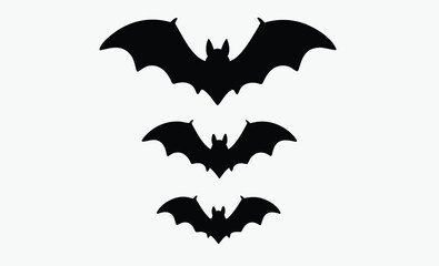 Halloween bat icons, spooky flying bats, black bat silhouettes,