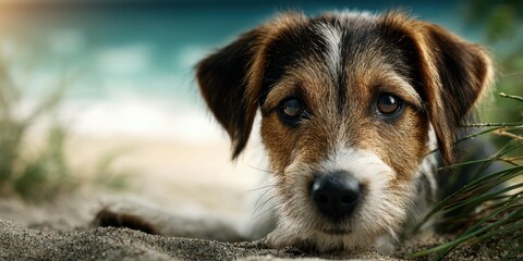 Brown and white dog resting on beach sand with ocean in the background during sunny day