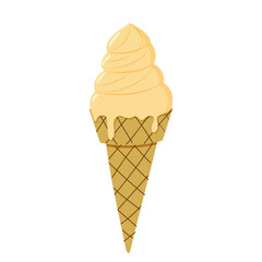 Tasty vanilla ice cream cone with dripping melted cream in a classic waffle cone design