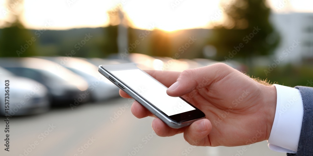 Poster man holding smartphone with blank screen outside at sunset, representing mobile technology and conne