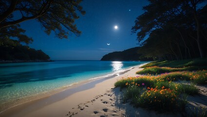 Night beach landscape with moon and clear turquoise water