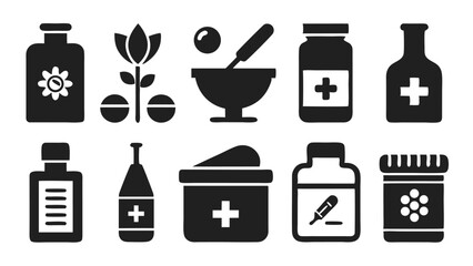 Collection of black pharmacy and medicine icons representing health and wellness services